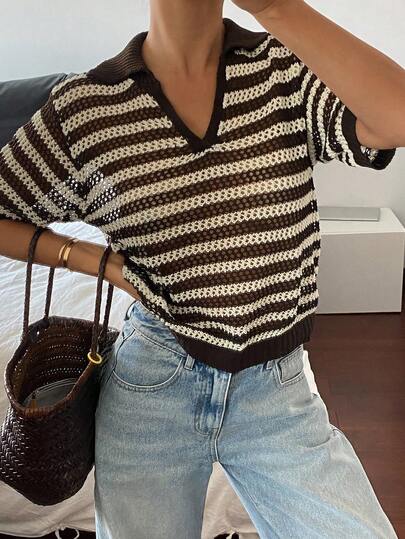 DAZY Top de punto casual de manga corta con cuello a contraste y rayas para vacaciones de verano para mujer