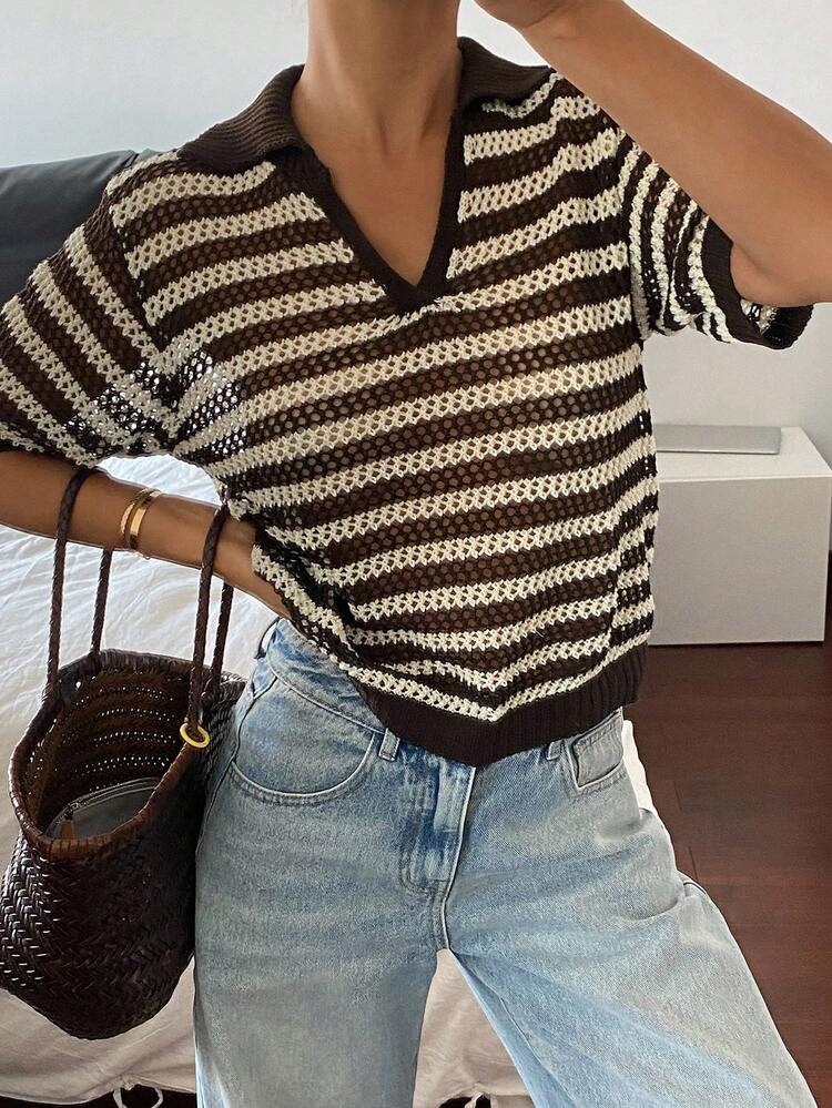 Contrast Collar Striped Short Sleeve Casual Vacation Knit Top For Women, Summer