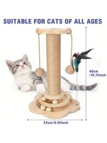 1PC Tall Wooden Multifunctional Cat Scratching Post Two Level Track Ball Interactive Feather Toy Hanging Balls Durable Mess Free Indoor Cats Kittens Adults Pet Supplies - Brown - View 6