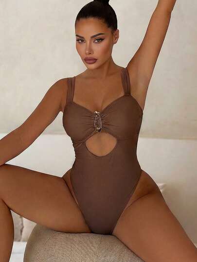 Swim SXY Brązowy, gruby pasek, wycięty, marszczony, asymetryczny pierścień, metalowy element dekoracyjny, seksowny, swobodny, plażowy, jednoczęściowy kostium kąpielowy bikini dla kobiet