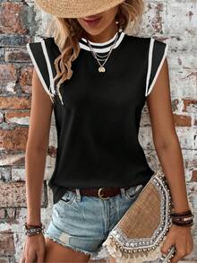 EMERY ROSE Women's Color-Blocked Simple Round Neck T-Shirt For Daily Wear Graphic Tees Women Tops - Black and White - View 7