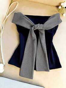Franclia 女士夏季露背抹胸条纹系带短款上衣 - 藏蓝色 - 查看 1