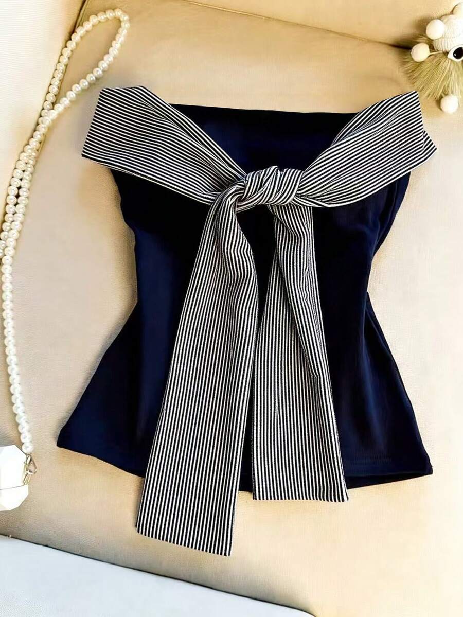 Franclia 女士夏季露背抹胸条纹系带短款上衣 - 藏蓝色 - 查看 1