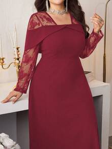 Modelyn Đầm dài tay dáng chữ A ôm eo, màu trơn thanh lịch, phối ren tương phản, cỡ lớn, thích hợp cho mùa xuân và mùa thu. - Màu Đỏ Sâu - Xem 3