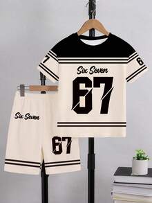 SHEIN Coolqubz Bộ 2 món cho bé trai, phong cách thường ngày, sáng tạo, cá tính, tươi mới, cao cấp, đơn giản, in số 67 sọc đen trắng và khẩu hiệu chữ cái, kiểu dáng thoải mái, thích hợp mặc hàng ngày, mùa xuân, hè, thu. - Nhiều màu - Xem 7