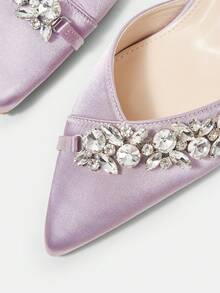 CUCCOO HITCHD Women's Pointed Toe Kitten Heel Rhinestone Satin Pumps, Comfortable Elegant Dress Shoes For Bride, Wedding, Party, Lavender Color - Mauve Purple - View 4