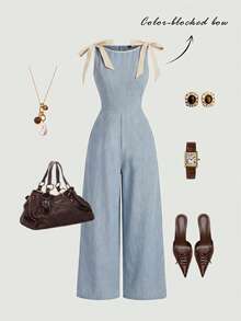 SHEIN MOD Bộ jumpsuit kaki không tay cổ tròn với viền tương phản, điểm nhấn nơ, thiết kế eo thon và chân váy xòe – Phong cách cổ điển, sang trọng, phù hợp cho công sở, đi học, hẹn hò, dự tiệc, lễ hội và sinh nhật. - Màu xanh lam - Xem 2