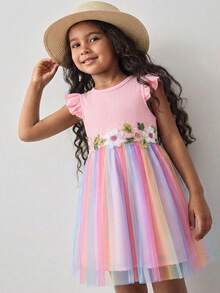 SHEIN Pink Summer Fairy Birthday Holiday Young Girl Knit Round Neck Gradient Mesh Casual Dress,Easter Rainbow Kids 3D Floral Embroidered Tutu Party Dresses - Pink - View 5