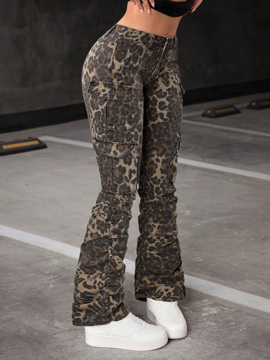 Flirla Quần jeans ống loe nữ có túi và cúc cài, họa tiết da báo, kiểu dáng thường ngày, đa năng. - Nhiều màu - Xem 1