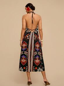 Travachic Plus Size Floral Print Open Back Dress For Women, Spring & Summer, Summer Outfits For Women, Beach Outfits For Woman, Women, Spring Break, Concert Outfit Women, Boho, Rave Outfits, Tropical Vacation - Black - View 3