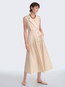 Aalyst Đầm maxi nữ mùa xuân/hè thanh lịch, sang trọng, thiết kế tối giản, phong cách bohemian thường ngày, thích hợp đi nghỉ mát/công sở, kiểu dáng cổ điển, chất liệu vải mềm mại, màu trơn, cổ bẻ, gấu váy xếp ly, cúc trang trí bằng gỗ, eo chun, dáng chữ A không tay. - Màu Hồng baby - Xem 8