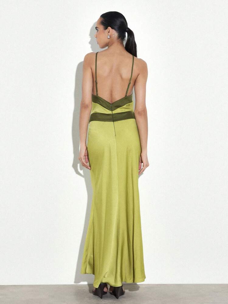 KSTM Women's Chartreuse Halter Neck Maxi Dress With Olive Green Contrast Trim And Elegant Flowing Silhouette For Special Occasions