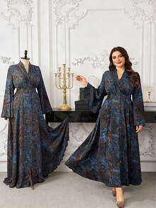 Modelyn Große Größen Elegantes Blumenprint-Kleid mit Taillengürtel für Damen - Blau - Übersicht 1