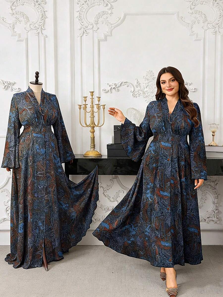 Modelyn Große Größen Elegantes Blumenprint-Kleid mit Taillengürtel für Damen - Blau - Übersicht 1