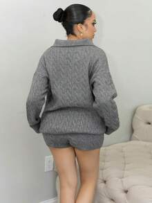 Melissa Matos 2件套女士宽松休闲灰色毛衣，秋冬 - 深灰色 - 查看 2