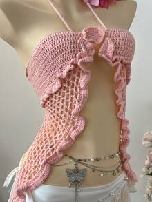 INAWLY Women's Backless Halter Neck Knit Vacation Beach Top - Baby Pink - View 3