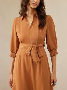 BELROSIE Elegant Casual V-Neck Puff Sleeve Belted Layered Ruffle Hem Dress For Women - Brown - View 2