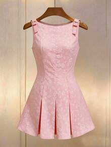 Olithes Women's Elegant French Style 2026 Spring/Summer Daisy Jacquard Pink Bow Backless Pleated A-Line Mini Dress Pink Dress Jacquard Pink Dress Spring Dress Floral Dress Tea Party Dress - Pink - View 7