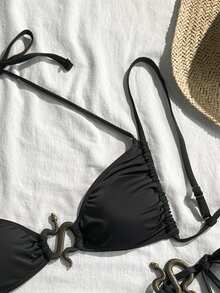 Swim SXY Solid Color Lace-Up Snake Shaped Sexy Bikini Set Bikinis Set For Women 2 Pieces Set - Black - View 7