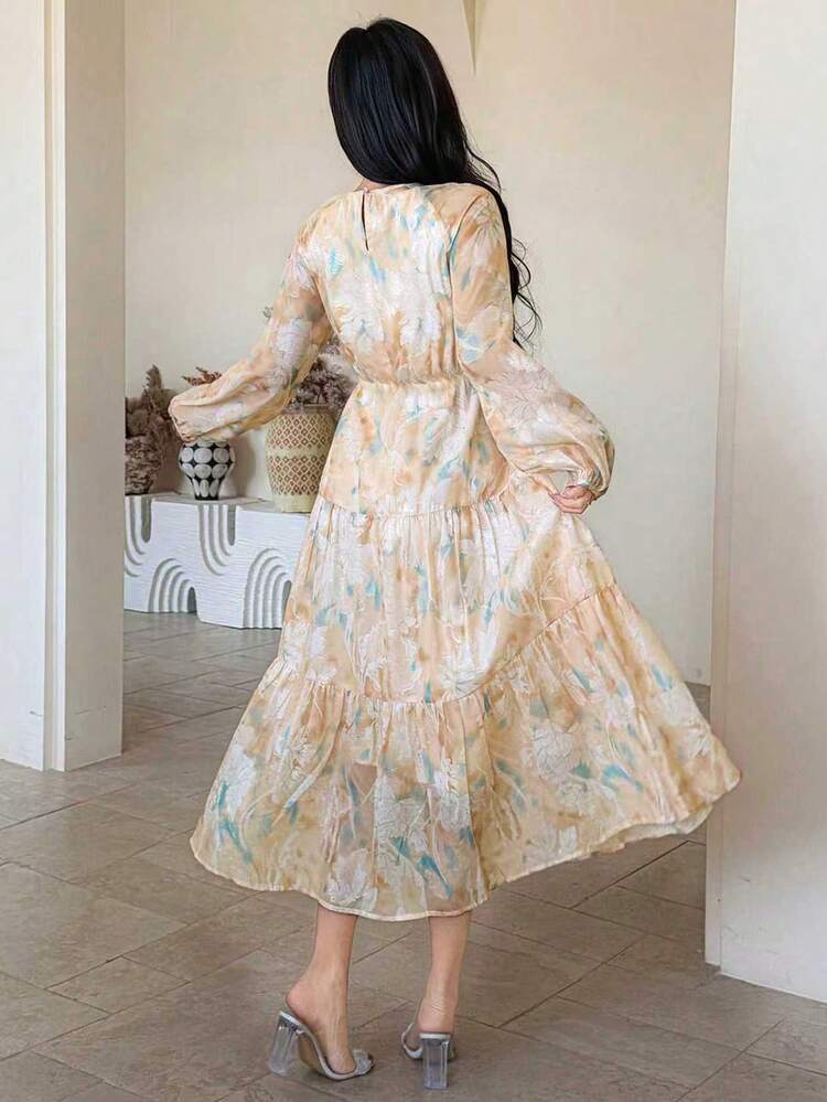 Women's Elegant Floral Print Round Neck Mid-Length Dress, Spring/Summer Wedding Guest Dress Sundress Boho