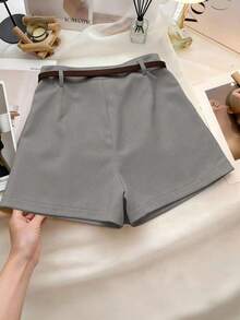 Franclia Quần short nữ ống rộng cạp cao dáng chữ A, màu trơn, phong cách tối giản Pháp, thích hợp mặc đi làm, kiểu dáng thường ngày, retro. - Xám - Xem 2