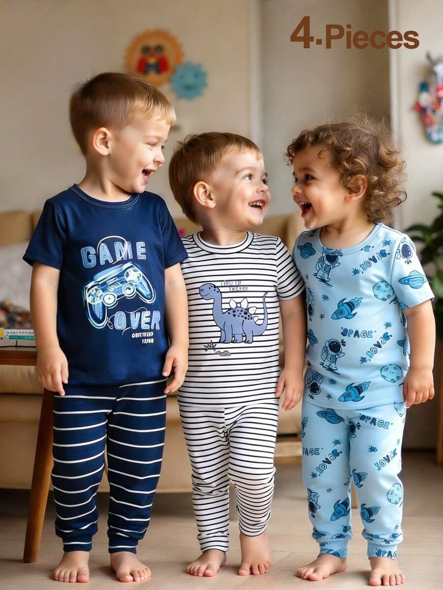 Conjunto de 4 piezas de pijama de manga corta suave y cómodo con estampado de dinosaurios de dibujos animados para niños pequeños - Multicolor - Ver 1