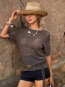 DAZY Women's Solid Color Hollow-Out Lightweight Crew Neck Short Sleeve Casual Summer Top - Coffee Brown - View 5