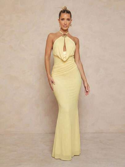 Lumalex Light Yellow Halter Neck Metal Shell Brooch Deep Cowl Keyhole Ruched Waist Backless Bodycon Mermaid Maxi Dress, Perfect For Summer, Easter, Vacation, Holiday, Spring-Break Trips, Cruises, Beach Weekends, Vacations, Parties, Date Nights, Honey Moon, Weddings, Proms, Banquets, Birthdays, Carnivals, Festivals, And Other Holiday Events, Boho-Casual Flair, Quiet Luxury, Business Chic, And Relaxed Vacay Elegance, Style For Luxury Proms, Receptions, Banquets, Weddings, Raves, Festivals, Holiday Gatherings, Outdoor Evening Occasions-Ideal, Party Looks, Summer Dress, Summer Dresses For Women, Spring Outfit Women, Beach Dress, Beach Outfits, Carnival Women Look 2026, Party Dress, Elegant Party Dresses For Women, Wedding Guest Dress For Women, Elegant Dresses For Women, Vacation Outfits For Women, Vacation Dress