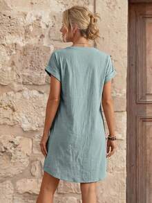 EMERY ROSE Solid Notched Button Front Batwing Sleeve Shirt Dress,Summer Dresses For Women - Green - View 2