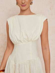 Lumalex Buttercream 100% COTTON White Summer Elegant Tea Party Midi Dress,Boat Neck Soft Cap Sleeves Empire Waist A-Line Open Back Wedding Guest Party Dress - Light Yellow - View 9
