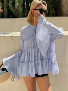 Livesso 女士圆领荷叶边下摆飘逸法式A字衬衫 - 藍色 - 查看 6