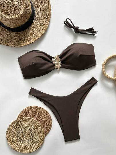 Swim Vcay Spring/Summer Solid Ribbed Strapless Metal Decor Crop Top And Swim Shorts Women Beach Holiday Casual Bikini Set