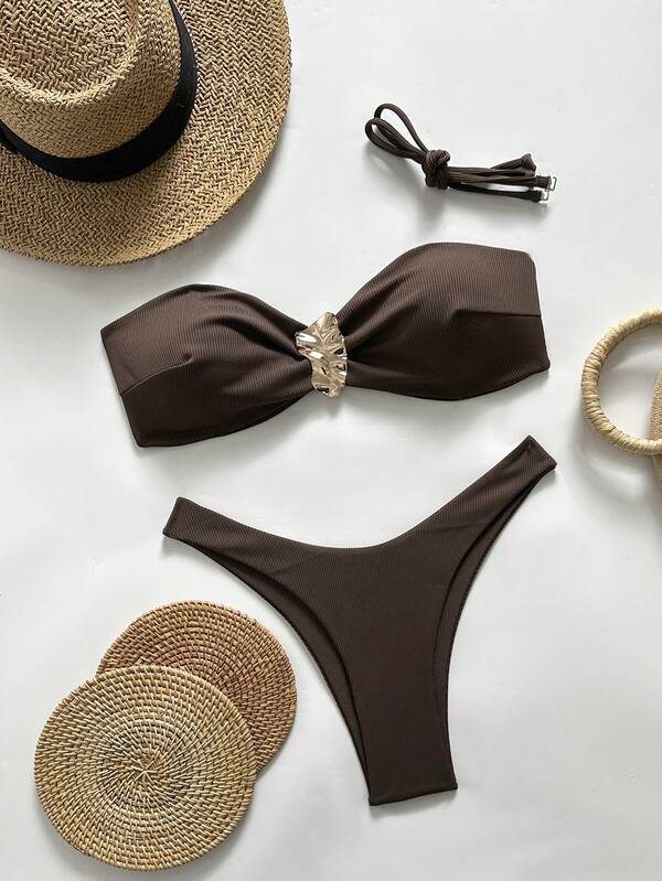 Swim Vcay ชุดบิกินี่ลำลองสำหรับวันหยุดริมหาดของผู้หญิง, เสื้อครอปเกาะอกร่องแข็งตกแต่งโลหะและกางเกงขาสั้นว่ายน้ำสำหรับฤดูใบไม้ผลิ/ฤดูร้อน