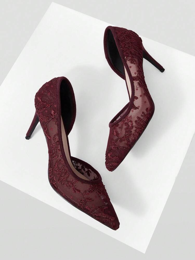 LACE MESH POINTED TOE STILETTO HIGH HEEL PUMPS VALENTINE'S DAY SPRING SHOES