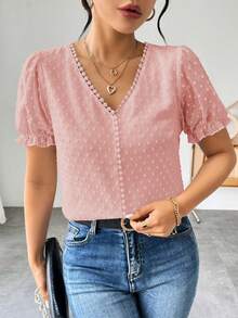 Elenzga Áo kiểu nữ Pháp màu trơn chấm bi Thụy Sĩ, chi tiết bèo nhún, cổ chữ V, tay cánh hoa. - Hồng - Xem 8