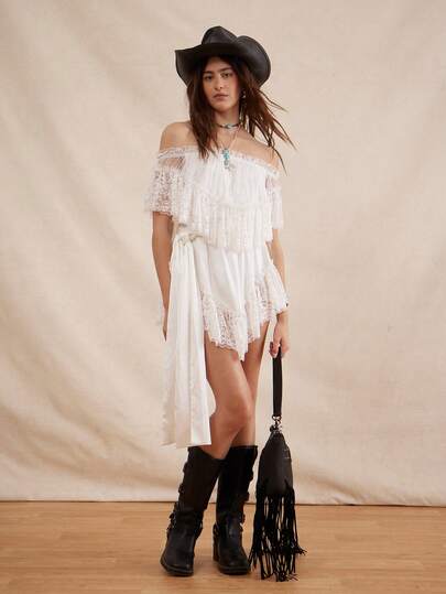 Easelle Bohemian Off-Shoulder Lace Patchwork Waist Comfortable Romantic Women Dress