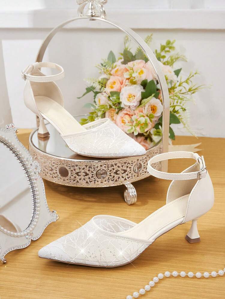 CUCCOO HITCHD Women Shoes Lace Material Hollow Design Buckle Back Mixed With Pointed Apricot Mule High-Heeled Shoes, Suitable For Parties And Daily Wear Shooting Wedding Shoes Summer Shoes Bride Shoes