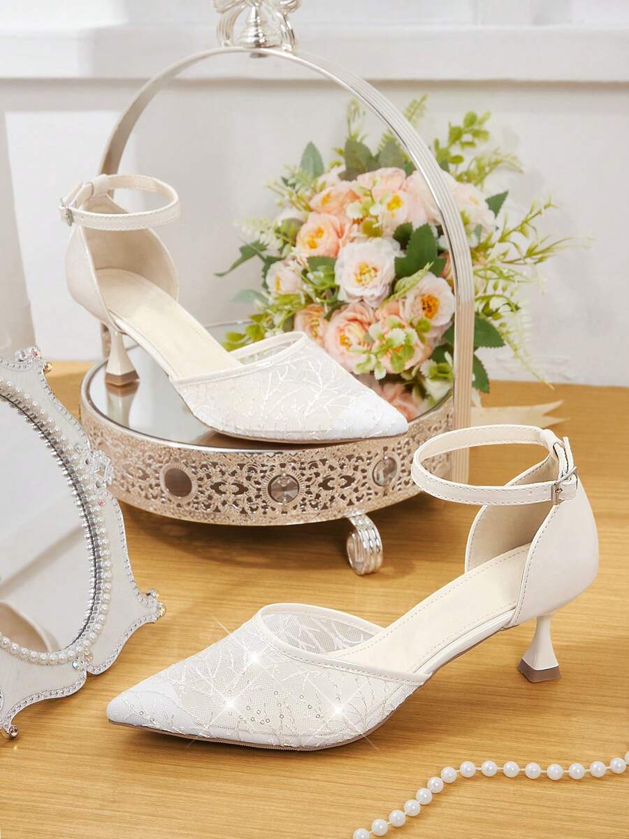 CUCCOO HITCHD Women Shoes Lace Material Hollow Back Bag Design Buckle Back Mixed With Pointed Apricot Muller High-Heeled Single Shoes, Suitable For Parties And Daily Wear Shooting - Apricot - View 1