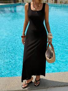 Livesso Đầm hai dây cổ chữ V sâu dành cho nữ, áo khoác ngoài đi biển bằng vải lưới xuyên thấu, đầm bơi thanh lịch, gợi cảm thường ngày. - màu đen - Xem 4