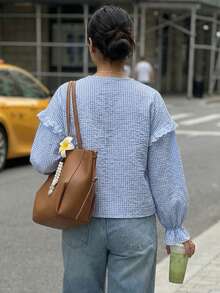 Solavon 女士格子前系带长袖宽松休闲衬衫 - 藍白色 - 查看 5