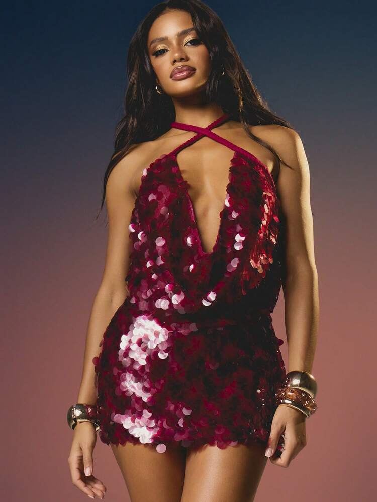 MISSGUIDED Top con scollo profondo a cowl, con paillettes, spalline intrecciate, adatto per feste, eventi serali e occasioni glamour