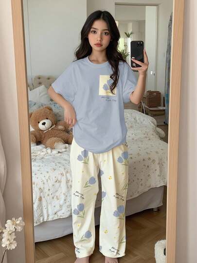 SHEIN Leap Crew Teen Girl Casual Loose Minimalist Round Neck Drop Shoulder Short Sleeve Pants Pajamas, Suitable For Spring & Summer