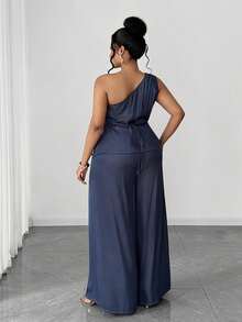 Maweii Setelan 2 Potong Efek Denim Asimetris Bahu Seksi Ukuran Plus - Navy Blue - View 6