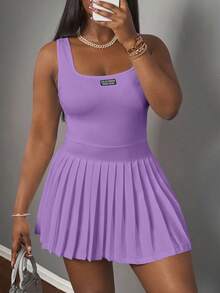 SHEIN Slayr 新款春夏休闲简约基础款U领背心，黑色标签和白色字样百褶裙，包括短裤和阔腿裤，白色针织面料女士迷你连衣裙-A - 紫色 - 查看 4