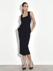 KSTM Women's Sleeveless Square Neck Ruched Midi Bodycon Dress With Side Pockets For Casual Day And Evening Occasions - Black - View 4