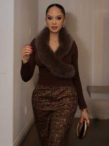Melissa Matos 女式新款时尚V领蓬松拼接长袖修身针织毛衣，性感深V领，咖啡色 - 咖啡棕 - 查看 7