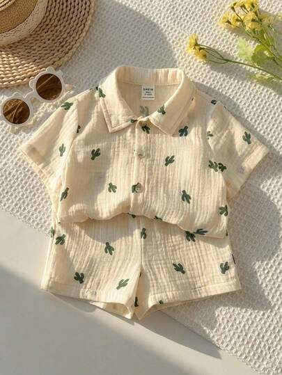 LMoss Kids 男婴可爱仙人掌印花衬衫套装，休闲舒适