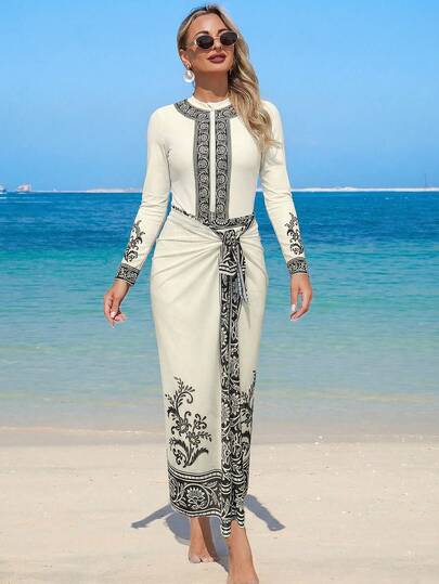 Swim Shayni Sommer Strand 3-teiliges Set für Damen, Boho-Stil Platzierung Muster Langarm-Top, Lange Hose, Chiffon Strandkleid Maxikleid, Arabischer Stil Strandüberwurf Badeanzug