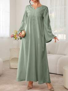 SHEIN Najma Embroidered Floral Trim Patchwork Long Sleeve Maxi Dress, Turkish & Arabic Traditional Style - Green - View 5
