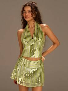 Athîral 女士休闲度假露肩吊带无袖串珠绿色半身裙套装，春夏款 - 綠色 - 查看 7